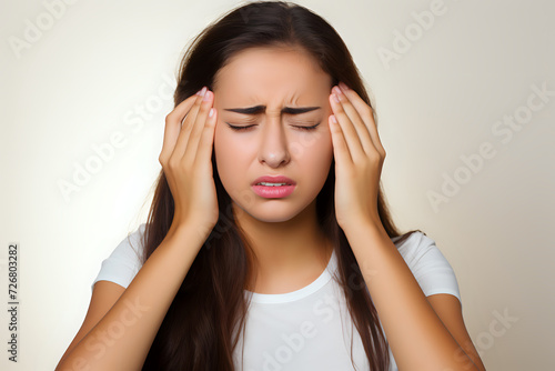 Young Woman with a HeadacheA young woman grimacing in pain, holding her temples, symbolizing headache, stress, or migraine, suitable for health and wellness concepts.
