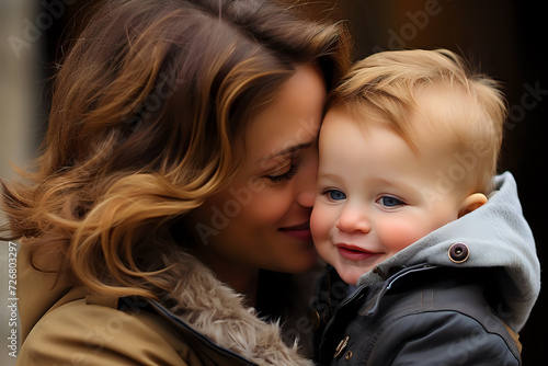 Mother and Child Winter WarmthTender moment between a mother and child wrapped in warm clothes, embodying maternal love and cozy winter days, ideal for family and lifestyle themes.