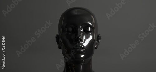 The head of a mannequin sitting, presented in the style of dark gray and black, high-quality photo, symmetrical harmony, and polished craftsmanship.