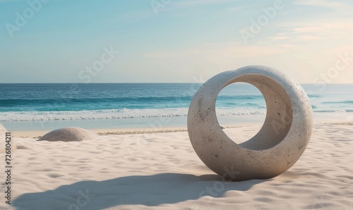 A single cinder stone is sitting on the sand with a beautiful blue view of the ocean, depicted in an eco-friendly craftsmanship style, in lively tableaus, in beige color, with circular shapes.