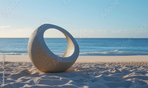 A single cinder stone is sitting on the sand with a beautiful blue view of the ocean, depicted in an eco-friendly craftsmanship style, in lively tableaus, in beige color, with circular shapes.