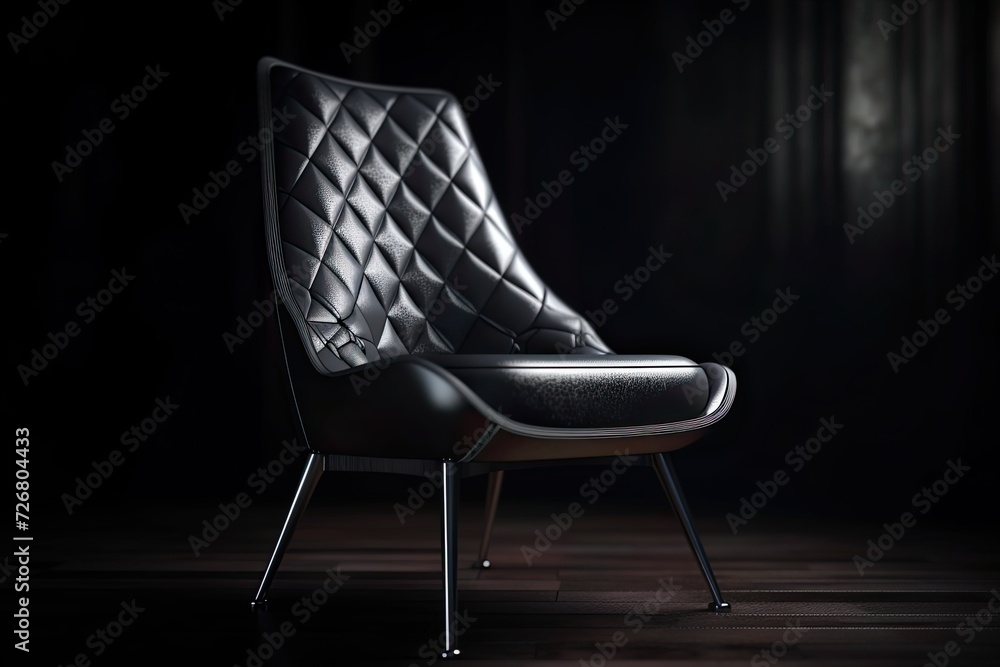 high back slim black leather chair on dark background - obrazy, fototapety, plakaty 