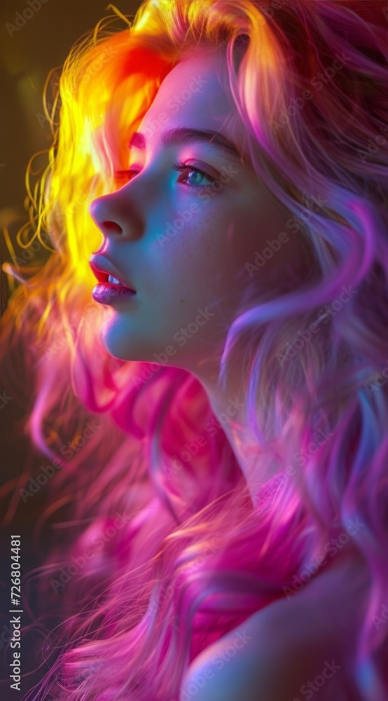 A young woman with colorful hair is presented in the style of optical color mixing, with light amber and magenta hues creating illuminated visions reminiscent of a storybook.