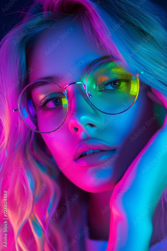A young woman with colorful hair and glasses is seen posing, presented in a style characterized by soft tonal transitions, a vibrant color scheme, and luminous hues. A young woman with colorful hair and glasses is seen posing, presented in a style characterized by soft tonal transitions, a vibrant color scheme, and luminous hues.