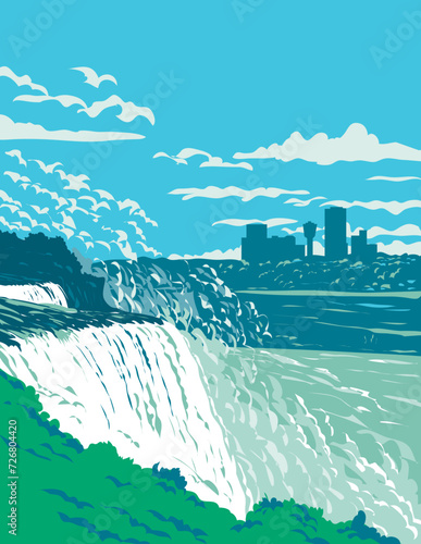 WPA poster art of Niagara Falls on the western bank of the Niagara River in the Golden Horseshoe region of Southern Ontario, Canada done in works project administration or federal art project style.

