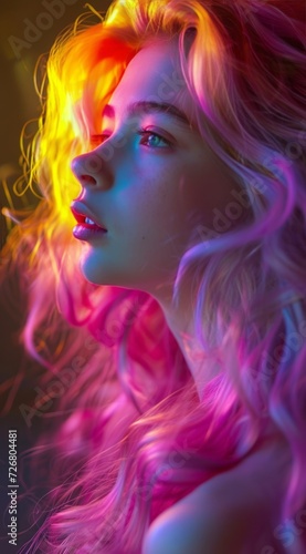 A young woman with colorful hair is presented in the style of optical color mixing  with light amber and magenta hues creating illuminated visions reminiscent of a storybook.