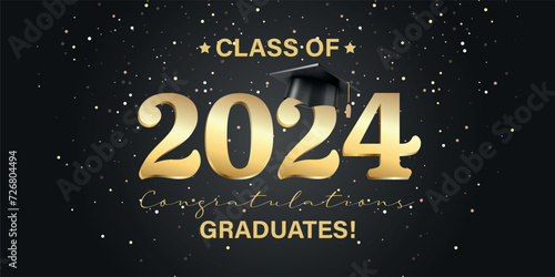 Vector illustration. Class of 2024 badge design template in black and gold colors. Congratulations graduates 2024 banner sticker card with academic hat for high school or college graduation