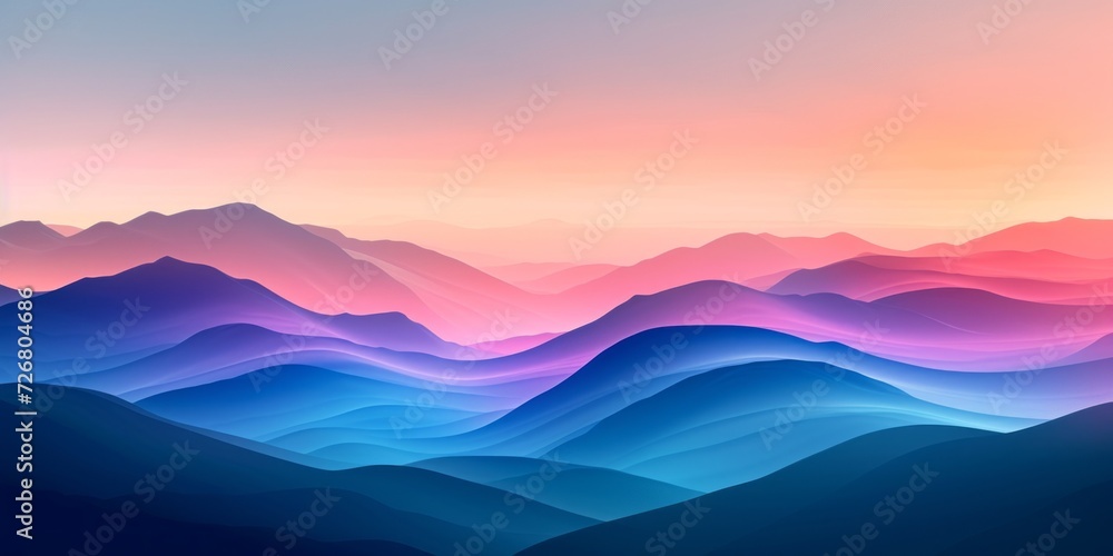 Landscapes with mountains in orange, blue, and pink, presented in the style of digital gradient blends and smooth and curved lines.