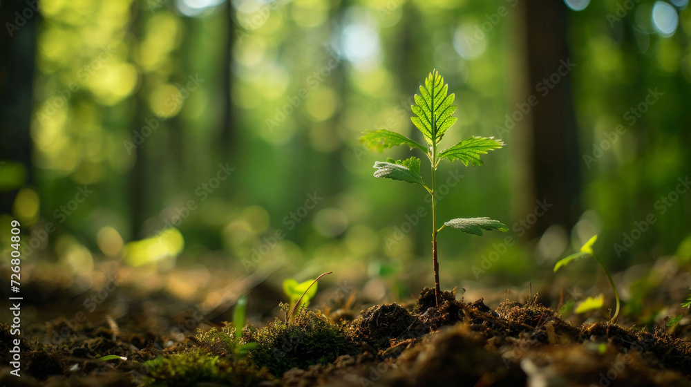 Small Green Plant Growing Amidst Forest Understory Small Green Plant Growing Amidst Forest Understory
