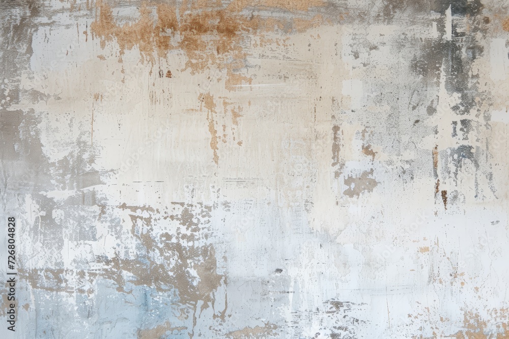 Fototapeta premium Abstract wall with a textured mix of white, rust, and blue paint peeling and cracking over time.