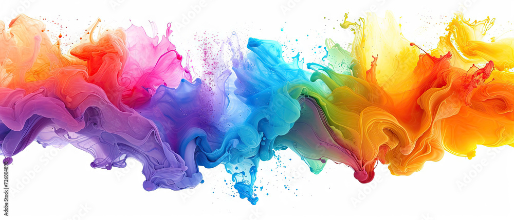 Colorful paint splash mixed into white background suitable for artistic backgrounds, Color liquid ink splash abstract background rainbow art. Rainbow splash collage mix flow drip. Fluid wave color 