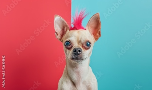 A Chihuahua dog with a pink mohawk  presented in the style of minimal retouching  light red and light azure  electric color schemes