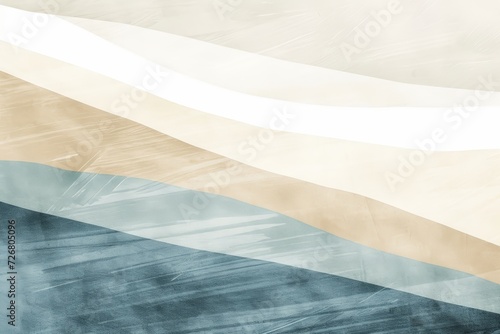 Abstract art with smooth diagonal bands of white  beige  and blue with a textured overlay.