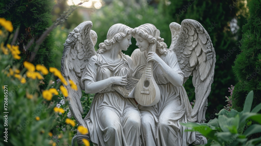 A pair of angels sitting on a bench in a tranquil garden one strumming a lyre while the other reads poetry their combined efforts creating a beautiful harmony.