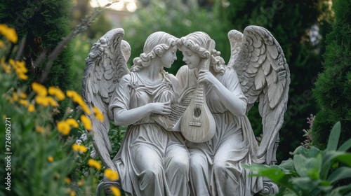 A pair of angels sitting on a bench in a tranquil garden one strumming a lyre while the other reads poetry their combined efforts creating a beautiful harmony.