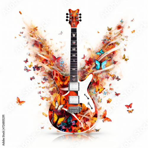 A butterfly playing electric guitar isolated.