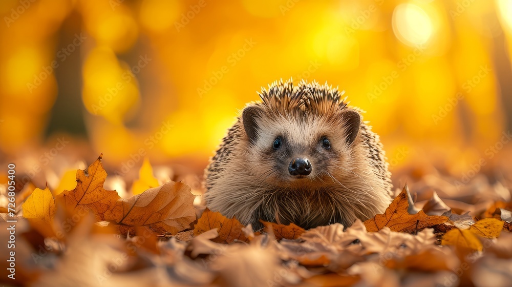 Charming hedgehog sits amidst autumn leaves, surrounded by breathtaking fall scenery, Ai Generated. Charming hedgehog sits amidst autumn leaves, surrounded by breathtaking fall scenery, Ai Generated.