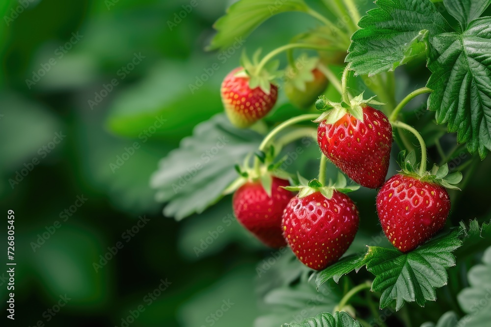 Strawberries on a branch with green leaves in sunlight Strawberries on a branch with green leaves in sunlight