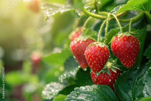 Ripe strawberries on a branch on a sunny day