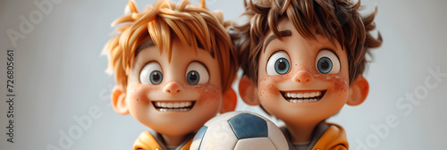 3d cartoon illustration of two little cute kids playing soccer