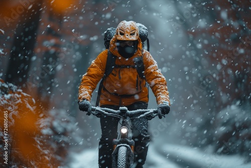 Braving the wintry landscape, a cyclist dons a helmet and skillfully navigates their bicycle through the snowy terrain, embracing the exhilaration of an outdoor adventure on two wheels
