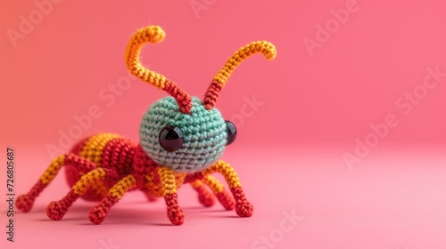 Crocheted ant toy, vibrant backdrop, handcrafted and adorable, Ai Generated