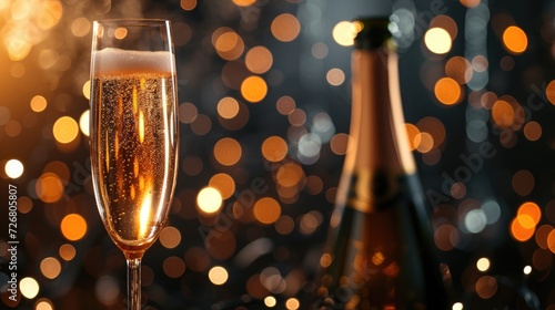 Festive glass of champagne and bottle on a bokeh backdrop, Ai Generated.
