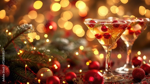 Glasses of cocktails adorned with Christmas decor on bokeh lights background, Ai Generated.