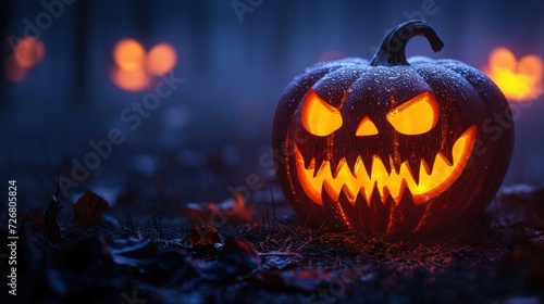 Halloween pumpkin with a scary face on a dark background, spine-chilling allure, Ai Generated.