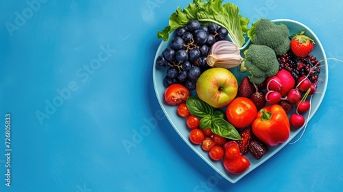 Heart-shaped plate adorned with fruits and vegetables on a blue background, Ai Generated.
