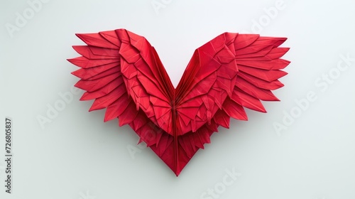 Paper origami red heart with wings on a clean white background, Ai Generated.