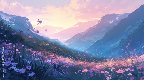 Anime-style illustration of a mountain valley full of wildflowers © Georgina Burrows