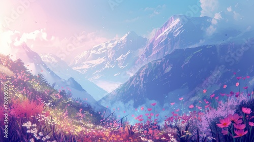 Anime-style illustration of a mountain valley full of wildflowers