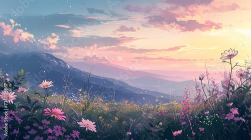 Anime-style illustration of a mountain valley full of wildflowers photo