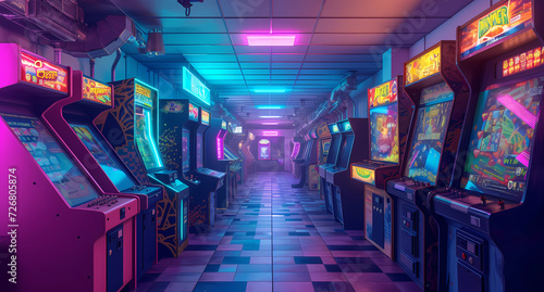 a corridor with lots of arcade machines photo