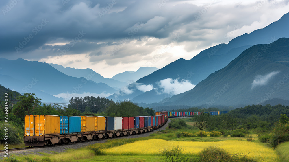 Freight Train Traversing Through a Colorful Landscape. Freight Train Traversing Through a Colorful Landscape.