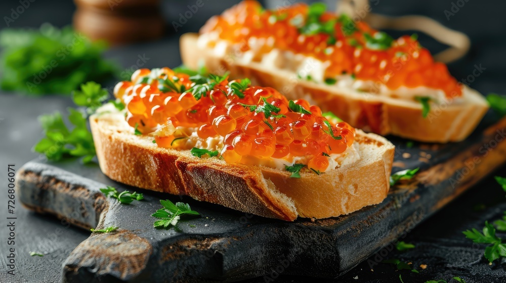 Delicious caviar sandwiches on a dark background, a gourmet delight for connoisseurs, Ai Generated. Delicious caviar sandwiches on a dark background, a gourmet delight for connoisseurs, Ai Generated.