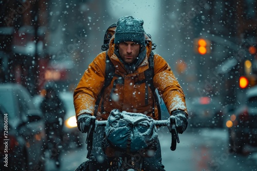 A lone figure braves the cold and treacherous winter landscape, bundled up in a helmet and pedaling through the snowy terrain on a bicycle, determined and resilient in the face of nature's challenges