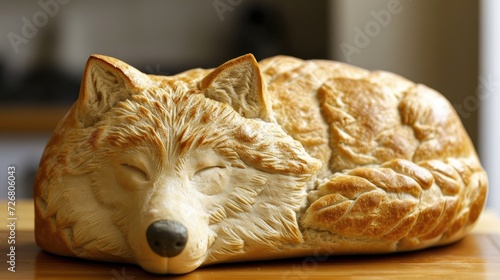 Unique bread loaf resembling an wolf resting on a wooden table, Ai Generated photo