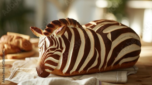 Unique bread loaf resembling an zebra resting on a wooden table, Ai Generated