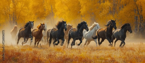 Autumn field filled with energetic horses of Don breed.
