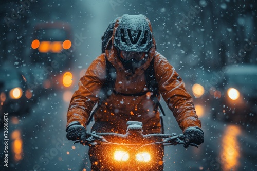 A determined cyclist braves the winter chill, bundled up and wearing a protective helmet as they pedal through the snowy landscape