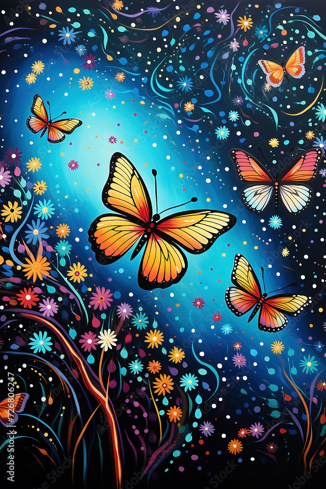 Australian Aboriginal dot painting style art dreaming with butterflies and flowers. Australian Aboriginal dot painting style art dreaming with butterflies and flowers.
