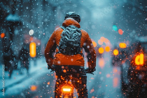 A lone rider braves the elements, pedaling through a wintry landscape on their trusty bicycle, the crisp air and pristine snow adding a touch of magic to their outdoor adventure