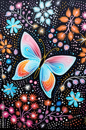 Australian Aboriginal dot painting style art dreaming with butterflies and flowers. © Inge