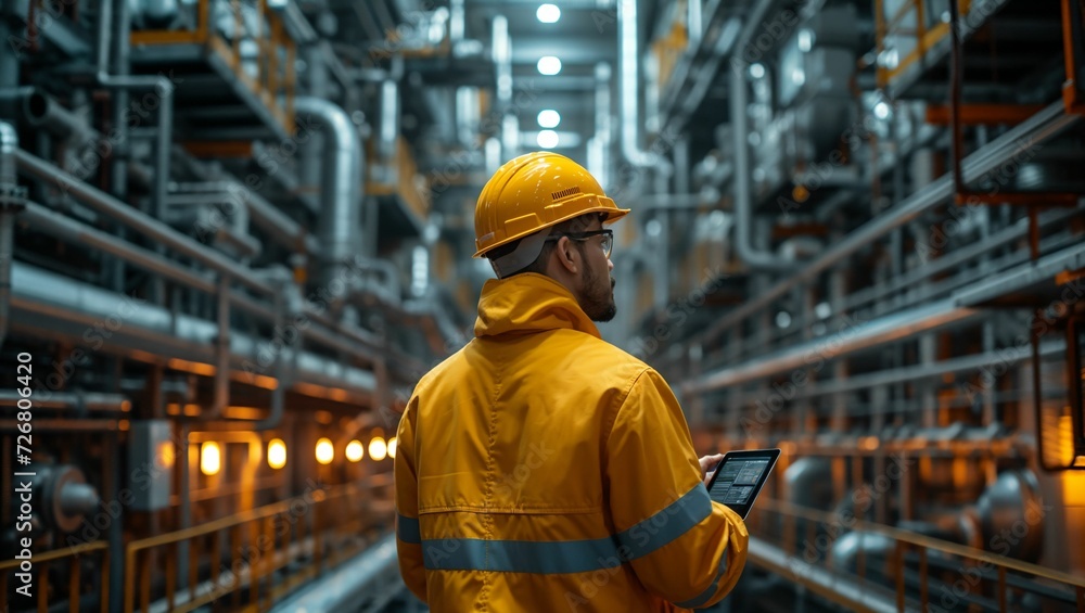 Engineer holding tablet in industrial factory Engineer holding tablet in industrial factory