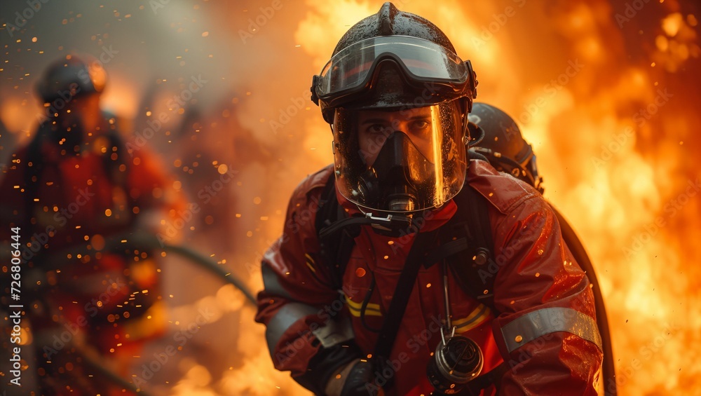 Firefighters wearing fire suits and helmets are extinguishing a burning building Firefighters wearing fire suits and helmets are extinguishing a burning building