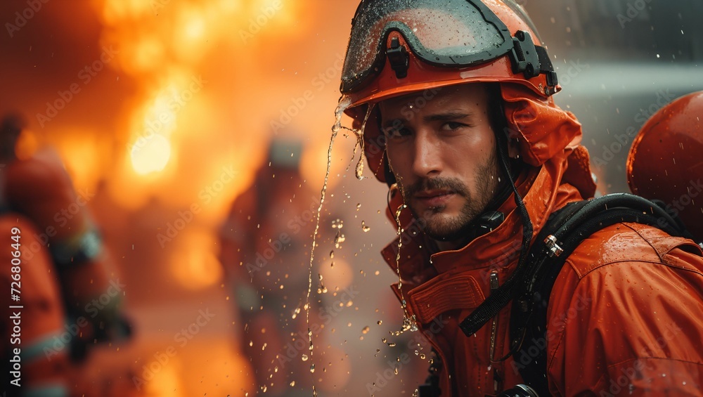 Firefighters wearing fire suits and helmets are extinguishing a burning building Firefighters wearing fire suits and helmets are extinguishing a burning building