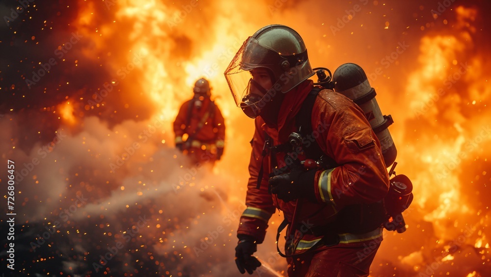 Firefighters wearing fire suits and helmets are extinguishing a burning building Firefighters wearing fire suits and helmets are extinguishing a burning building