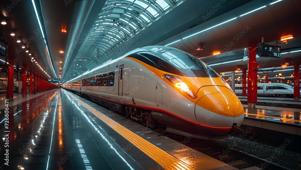 The high-speed train is parked on an indoor platform